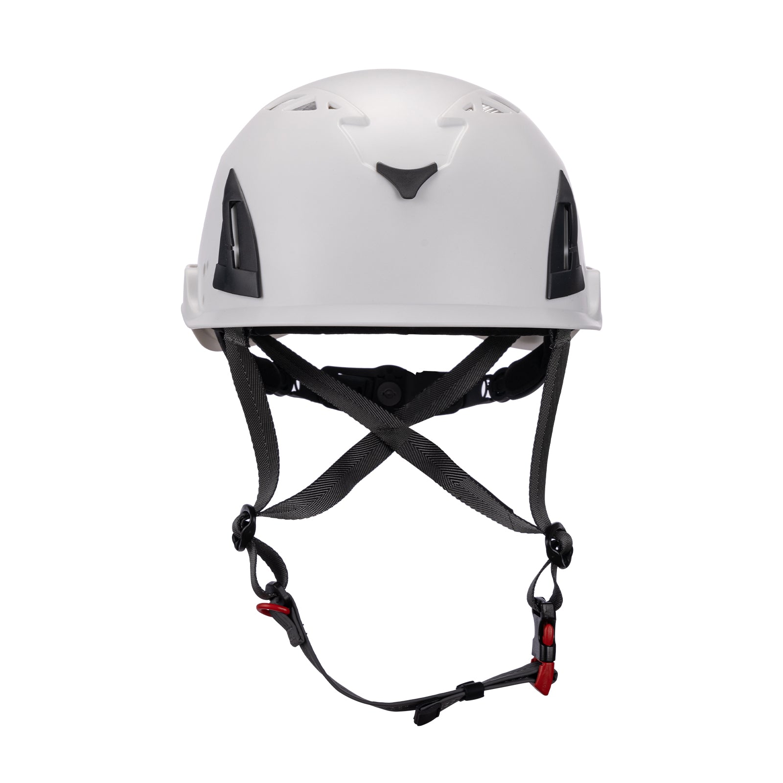 Front View of white ClimbPro Climbing helmet EN 12492 & EN 397 certified. Ideal for climbing and high-movement activities.