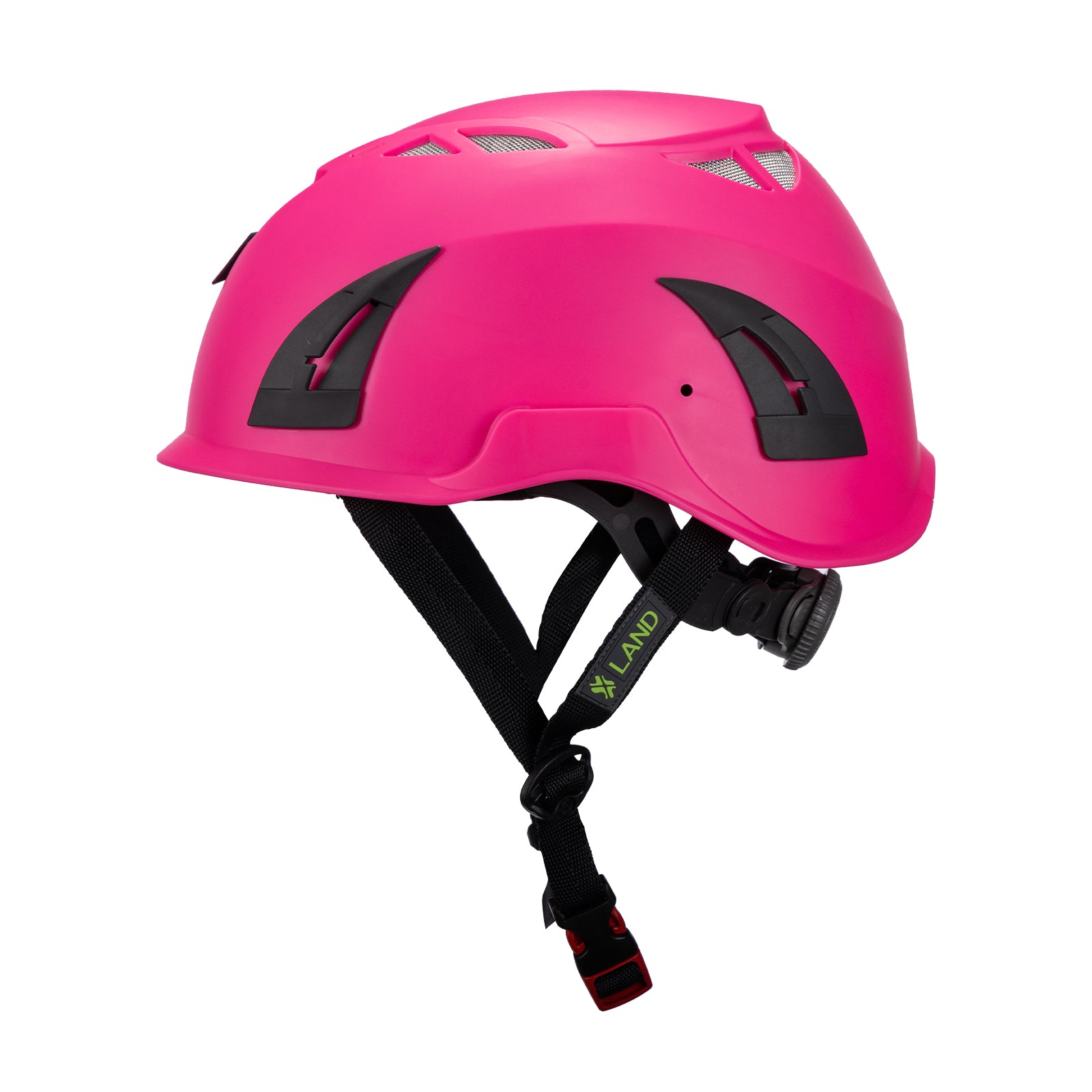 Left side view of pink ClimbPro Climbing helmet EN 12492 & EN 397 certified. Ideal for climbing and high-movement activities.