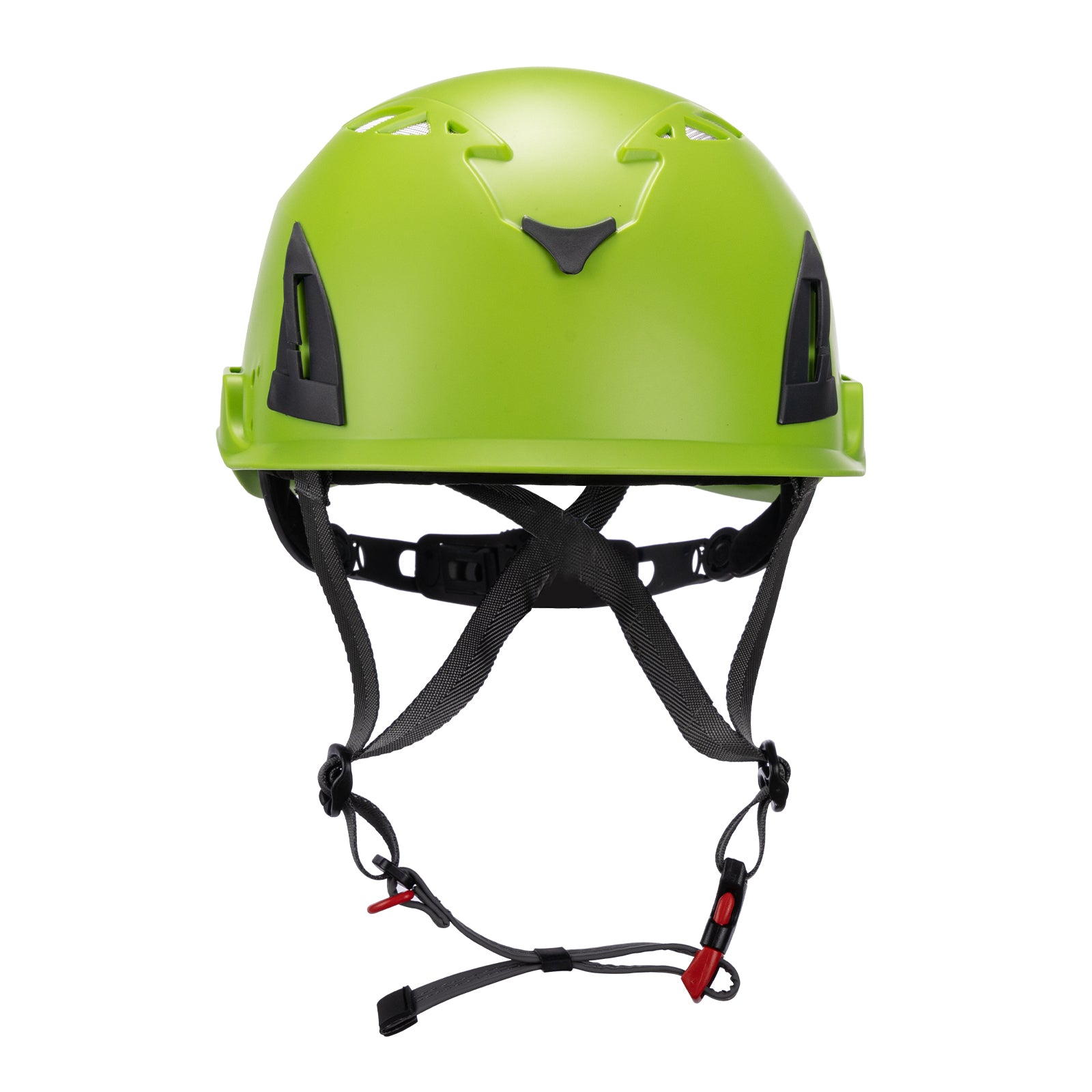 Front view of green ClimbPro Climbing helmet EN 12492 & EN 397 certified. Ideal for climbing and high-movement activities.