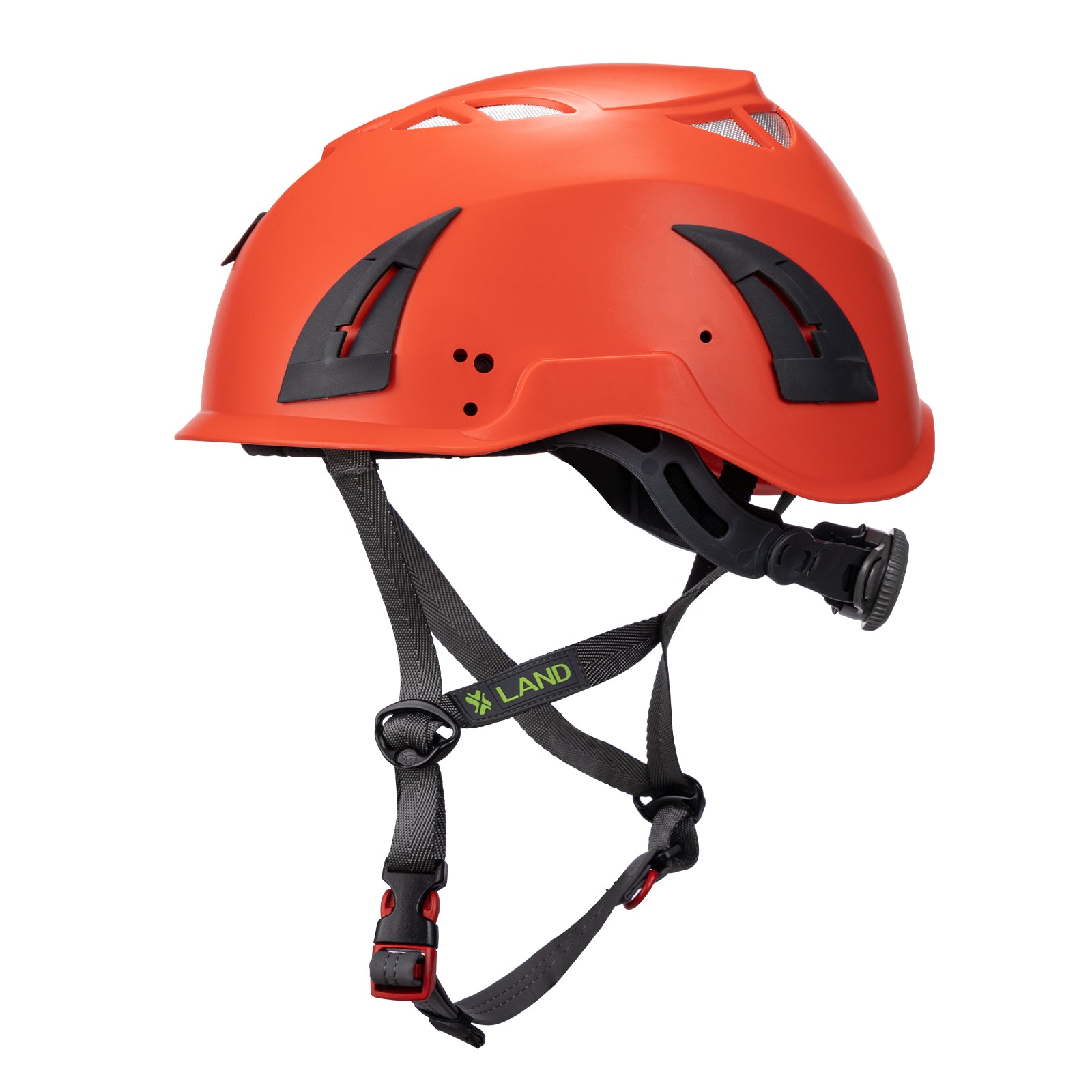 Left side view of orange ClimbPro Climbing helmet EN 12492 & EN 397 certified. Ideal for climbing and high-movement activities.