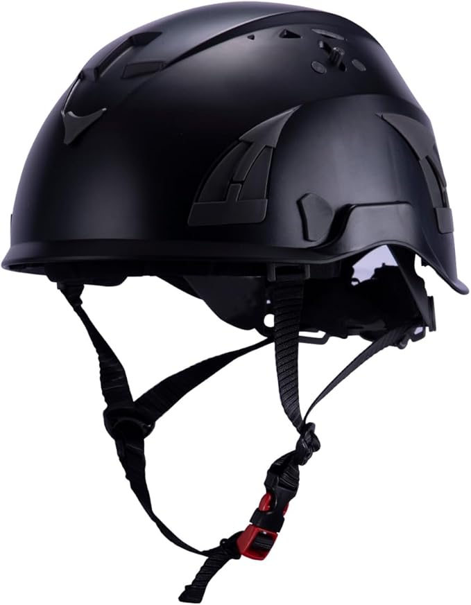 Black AeroPro Safety Helmets on white background. ANSI/ISEA Z89.1-2014 OSHA Certified Type 1 Class C Safety Helmets used for Construction, Rescue & Arborist.