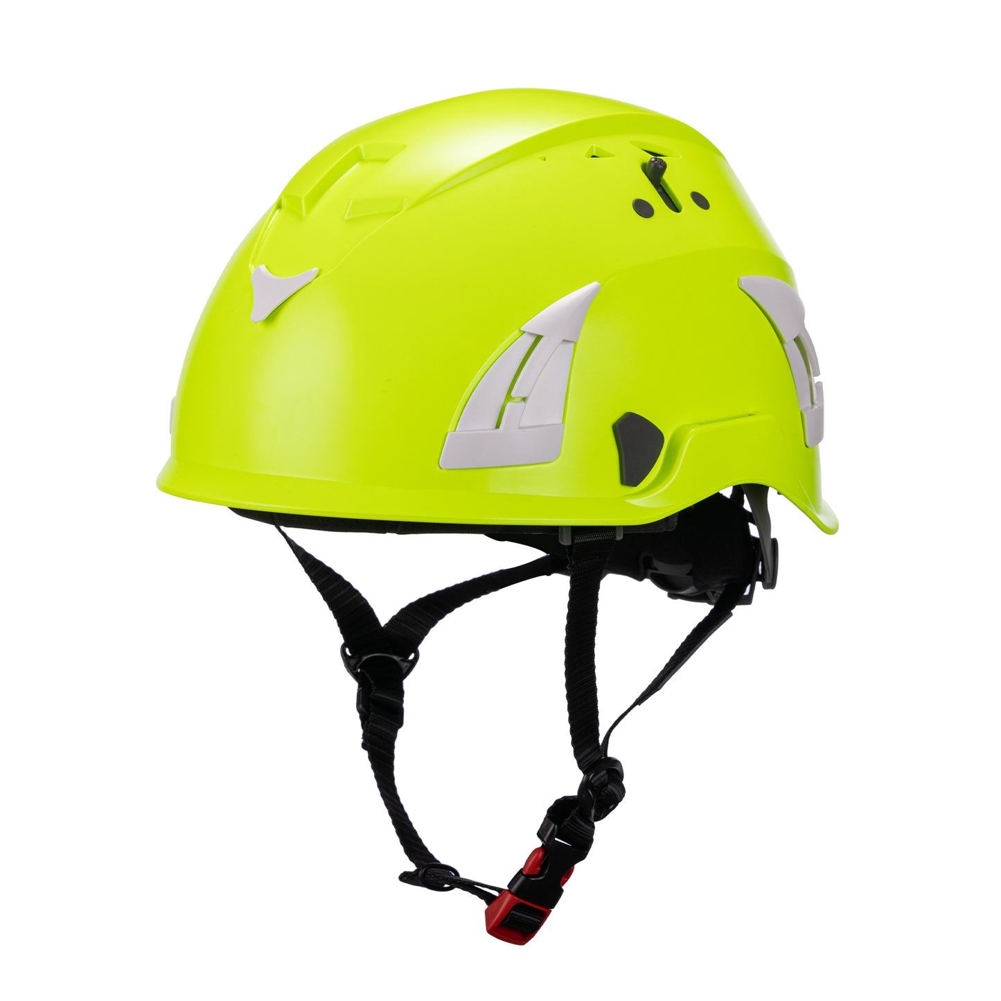 Green AeroPro Safety Helmets on white background. ANSI/ISEA Z89.1-2014 OSHA Certified Type 1 Class C Safety Helmets used for Construction, Rescue & Arborist.