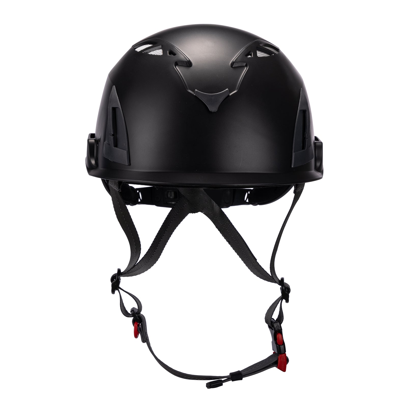 Front view of black ClimbPro Climbing helmet EN 12492 & EN 397 certified. Ideal for climbing and high-movement activities.