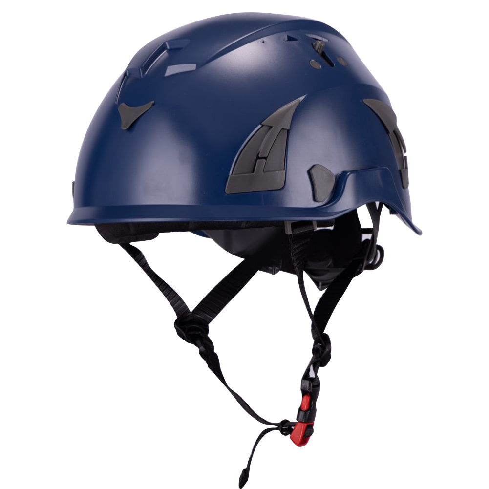 Navy Blue AeroPro Safety Helmets on white background. ANSI/ISEA Z89.1-2014 OSHA Certified Type 1 Class C Safety Helmets used for Construction, Rescue & Arborist.