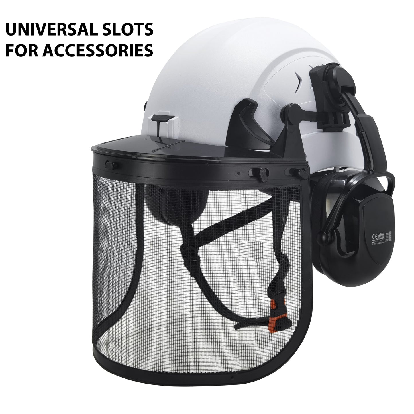 Side view of white M10 Frontier Type II Class C Safety Helmet , ANSI/ISEA Z89.1-2014 certifications. Type 2 helmet for use in construction, Construction, Arbor, and Industrial Work. Helmet with faceshield mesh and earmuffs.