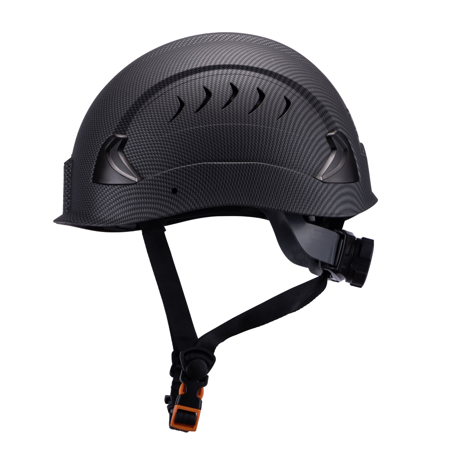 Side view of carbon fiber M10 Frontier Type II Class C Safety Helmet , ANSI/ISEA Z89.1-2014 certifications. Type 2 helmet for use in construction, Construction, Arbor, and Industrial Work.