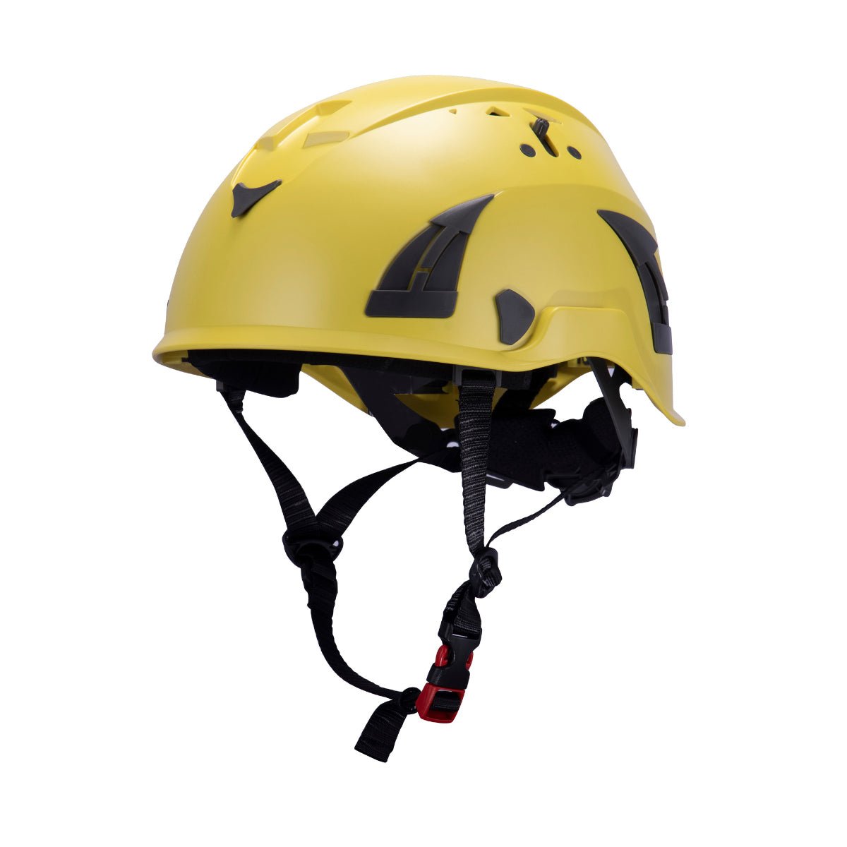 Yellow AeroPro Safety Helmets on white background. ANSI/ISEA Z89.1-2014 OSHA Certified Type 1 Class C Safety Helmets used for Construction, Rescue & Arborist.
