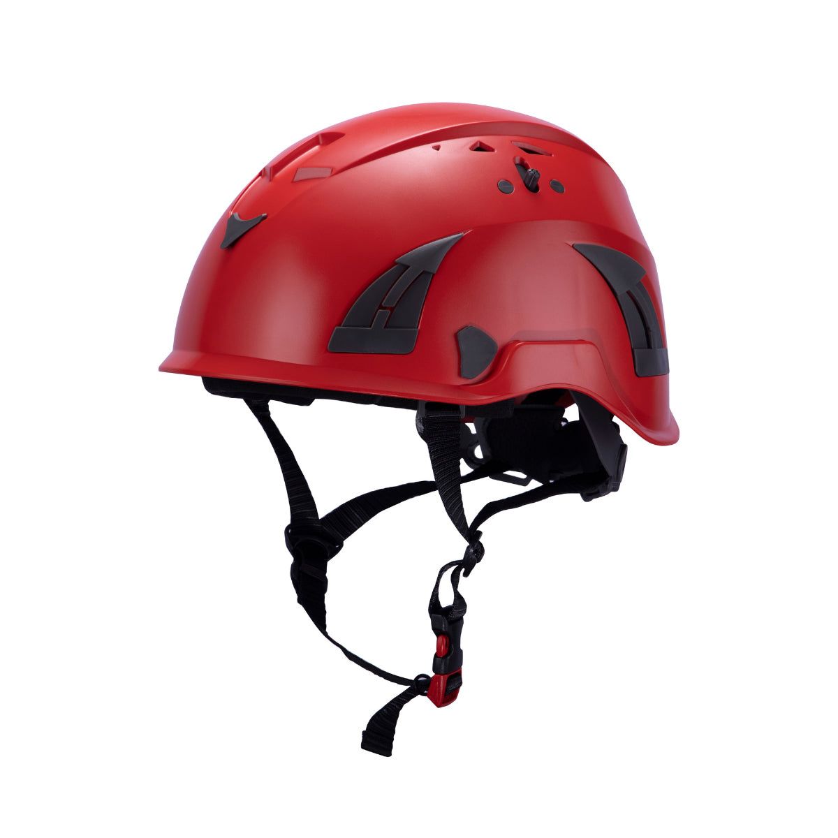 Red AeroPro Safety Helmets on white background. ANSI/ISEA Z89.1-2014 OSHA Certified Type 1 Class C Safety Helmets used for Construction, Rescue & Arborist.