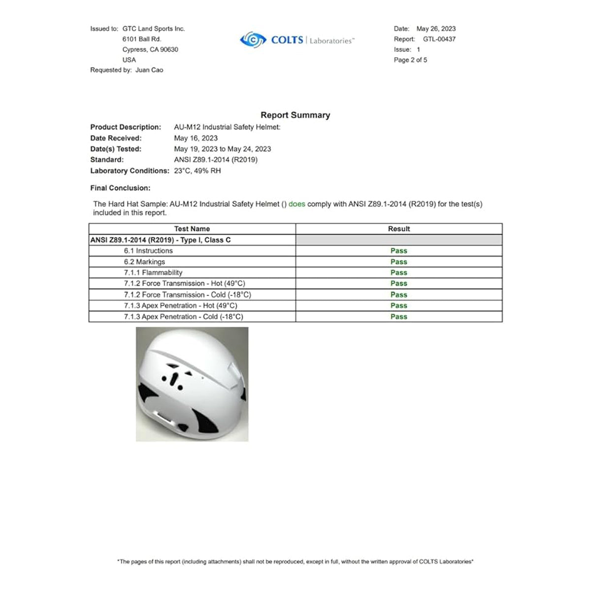 AeroPro Safety Helmet test certification summary. Approval from COLTS Laboratories.  Compliance with ANSI/ISEA Z89.1-2014 Type 1 Class C.