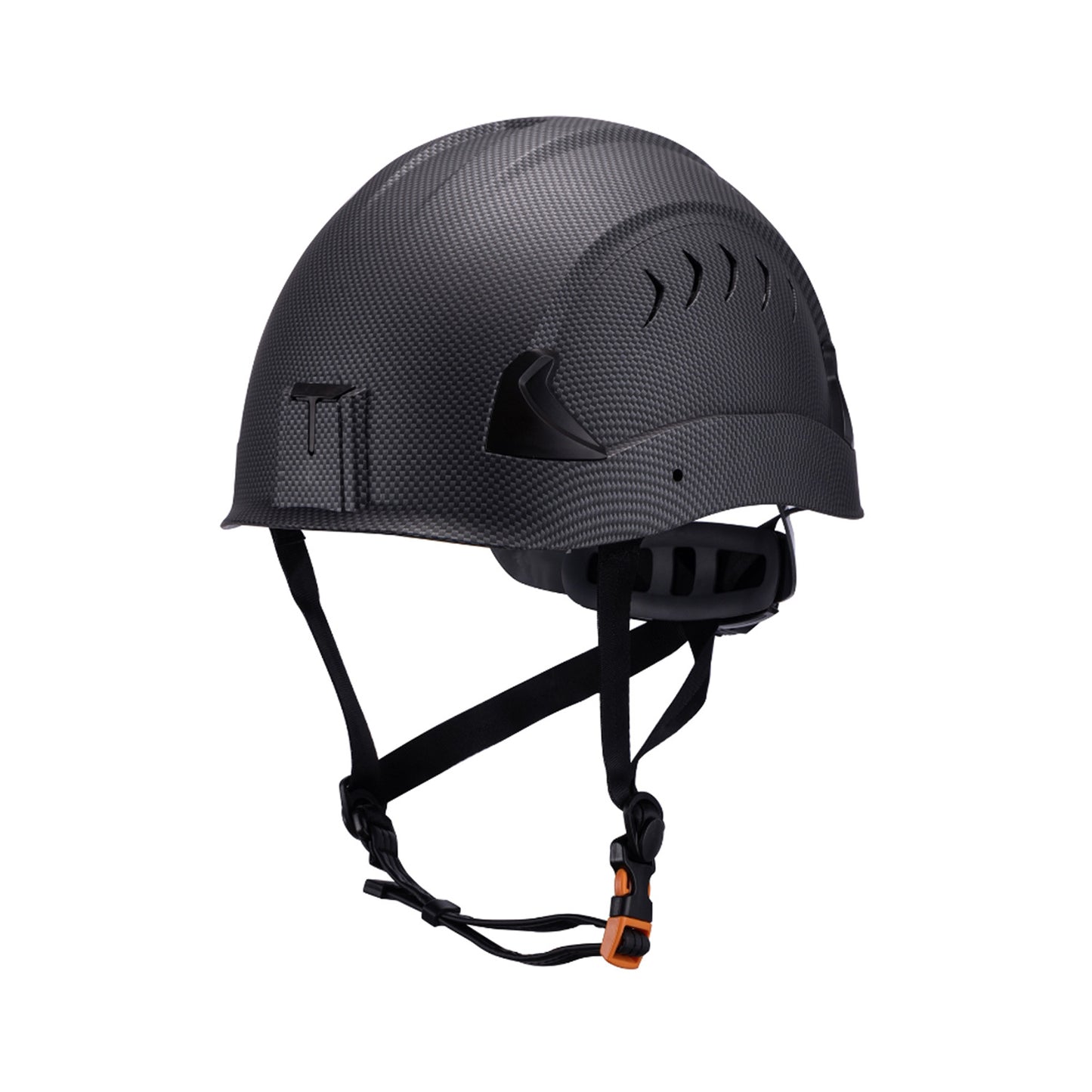 Front view of carbon fiber M10 Frontier Type II Class C Safety Helmet , ANSI/ISEA Z89.1-2014 certifications. Type 2 helmet for use in construction, Construction, Arbor, and Industrial Work.