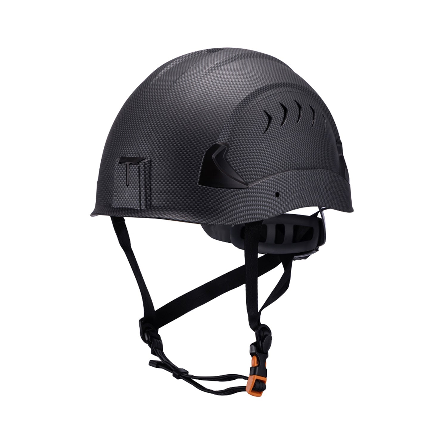 Front view of carbon fiber M10 Frontier Type II Class C Safety Helmet , ANSI/ISEA Z89.1-2014 certifications. Type 2 helmet for use in construction, Construction, Arbor, and Industrial Work.
