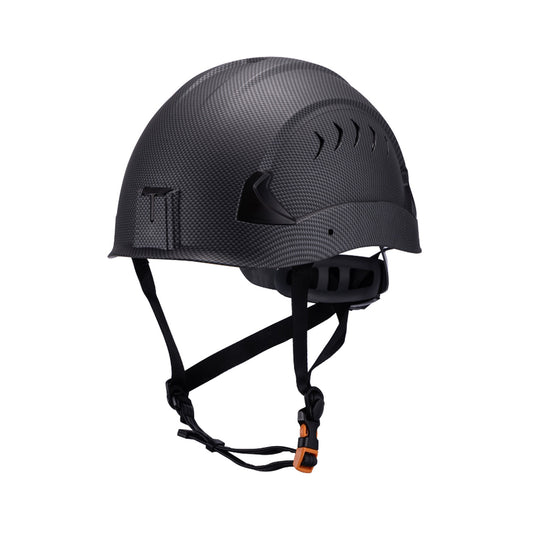 Front view of carbon fiber M10 Frontier Type II Class C Safety Helmet , ANSI/ISEA Z89.1-2014 certifications. Type 2 helmet for use in construction, Construction, Arbor, and Industrial Work.