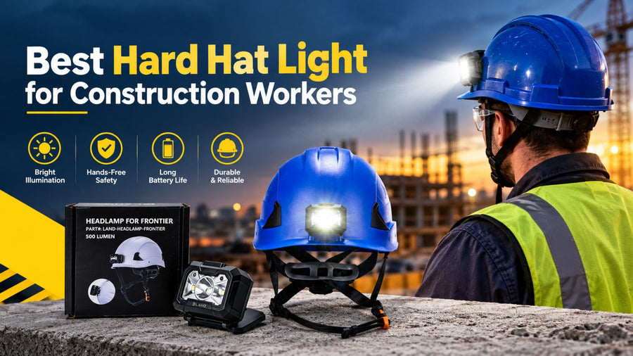 Best hard hat light for construction workers with a bright LED headlamp, blue safety helmet, and rugged jobsite lighting equipment.