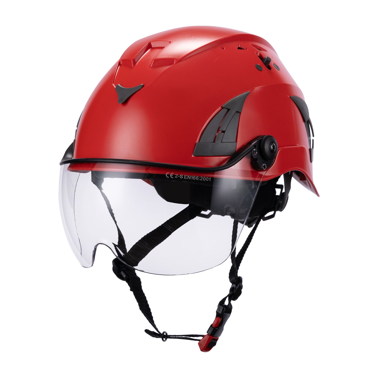 Front View of Red AeroPro ANSI/ISEA Z89.1-2014 Type 1 Class C Safety Helmet with Clear Visor used for Construction, Rescue & Arborist. 