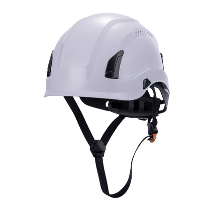 Front View of Type 1 ANSI/SEA Z89.1-2014, OSHA certified EcoPro Safety Helmet White Color for Arborist, Industrial & Fall Protection. 
