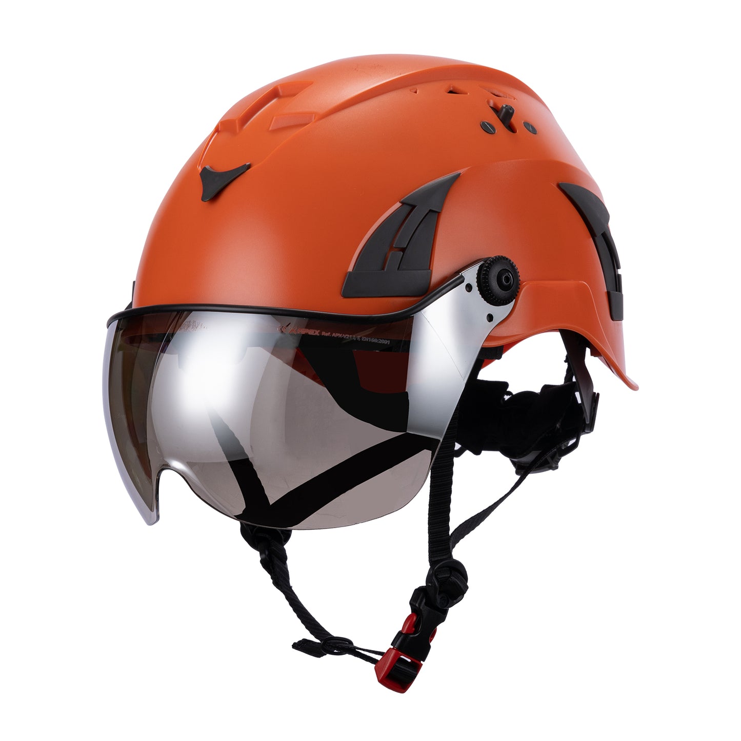 Orange AeroPro Safety Helmets on white background with Smoke Visor Kit . ANSI/ISEA Z89.1-2014 Type 1 Class C Safety Helmets with Smoke Visor used for Construction, Rescue & Arborist. 
