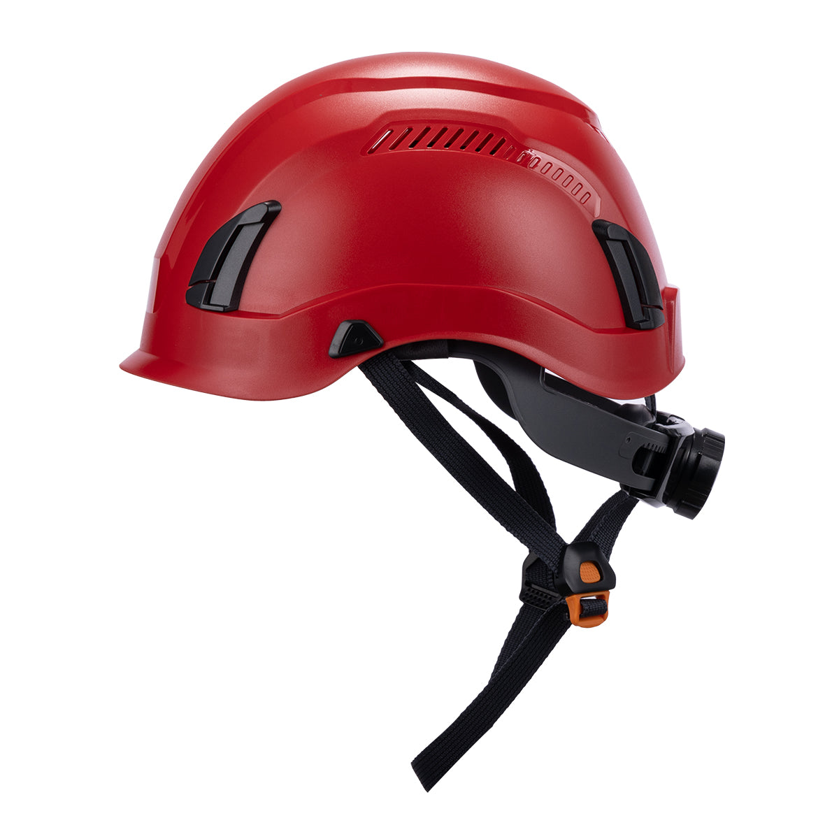 Left Side View of Type 1 ANSI/SEA Z89.1-2014, OSHA certified EcoPro Safety Helmet Red Color for Arborist, Industrial & Fall Protection. 