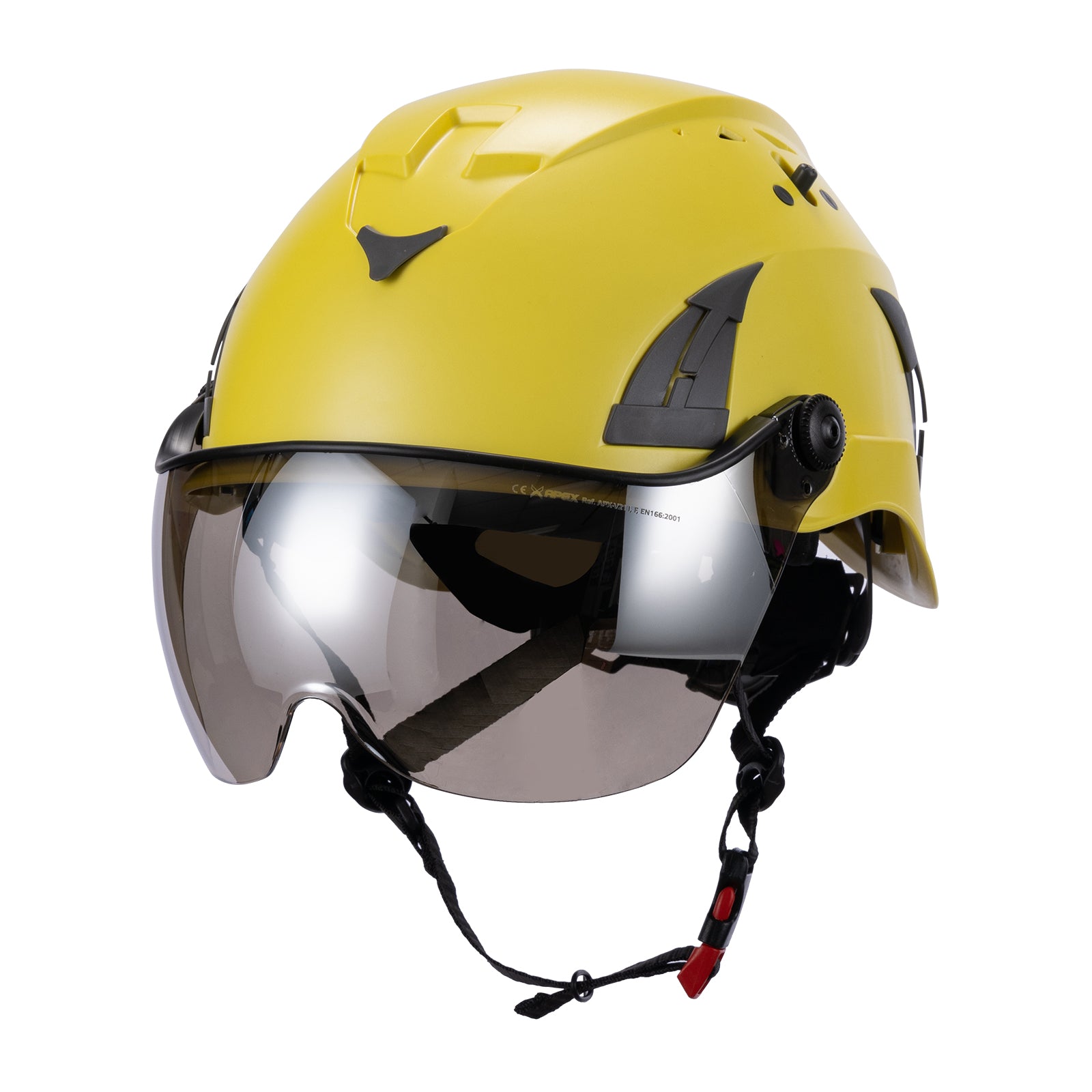 Yellow AeroPro Safety Helmets on white background with Smoke Visor Kit . ANSI/ISEA Z89.1-2014 Type 1 Class C Safety Helmets with Smoke Visor used for Construction, Rescue & Arborist. 