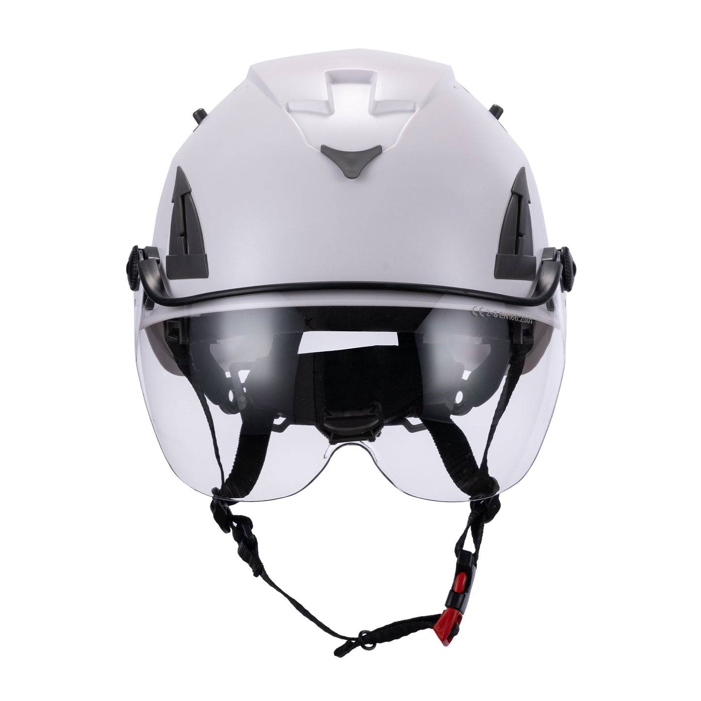 Front Face View of White AeroPro ANSI/ISEA Z89.1-2014 Type 1 Class C OSHA Certified Safety Helmet with Clear Visor used for Industrial, Scaffolding & Fall Protection. 