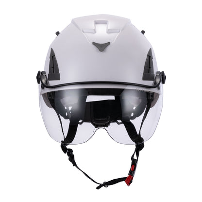Front Face View of White AeroPro ANSI/ISEA Z89.1-2014 Type 1 Class C OSHA Certified Safety Helmet with Clear Visor used for Industrial, Scaffolding & Fall Protection. 