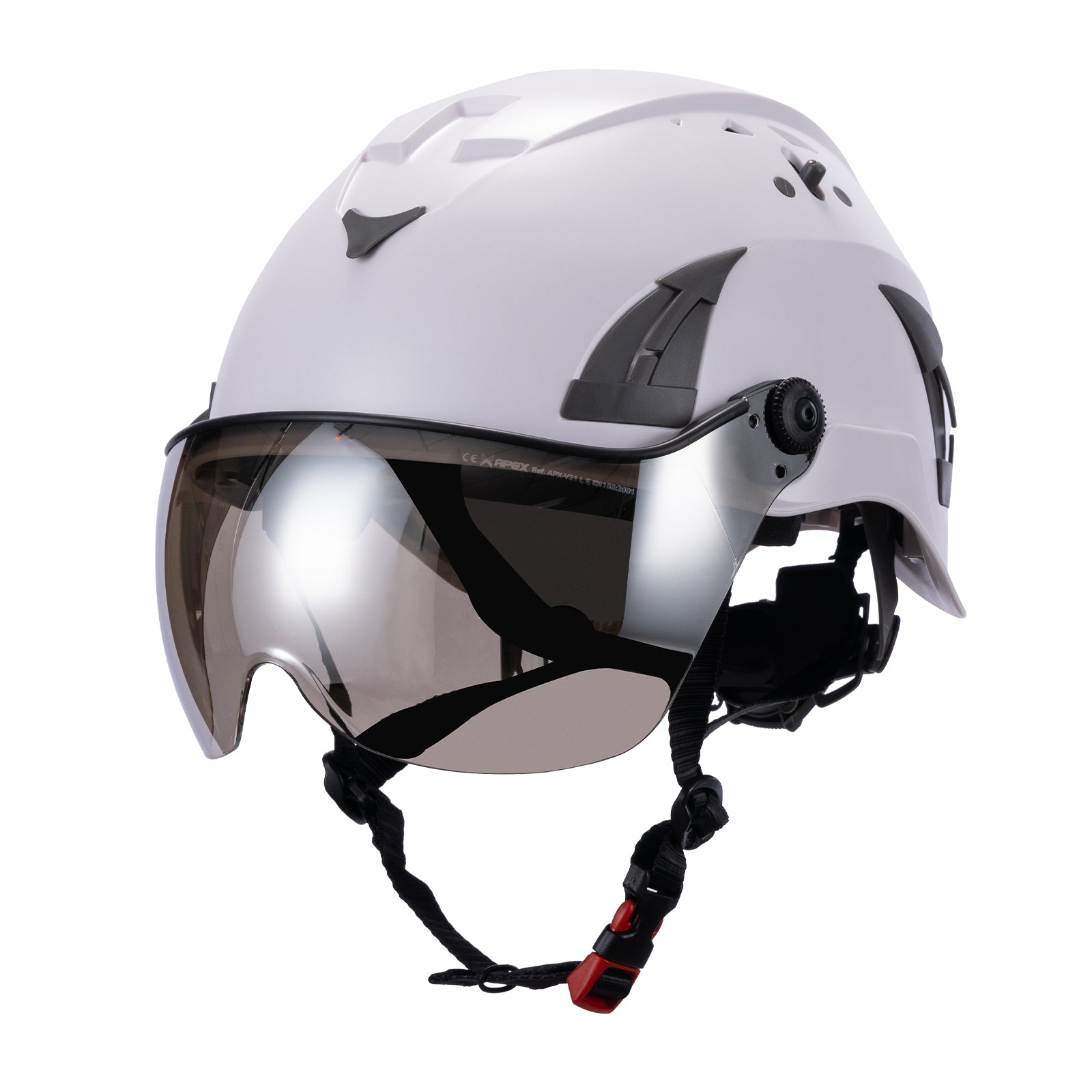 White AeroPro Safety Helmets on white background with Smoke Visor Kit . ANSI/ISEA Z89.1-2014 Type 1 Class C Safety Helmets with Smoke Visor used for Construction, Rescue & Arborist. 