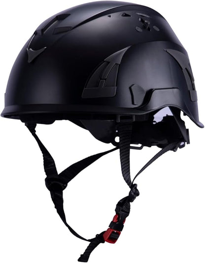 Black AeroPro Safety Helmets on white background. ANSI/ISEA Z89.1-2014 OSHA Certified Type 1 Class C Safety Helmets used for Construction, Rescue & Arborist. 