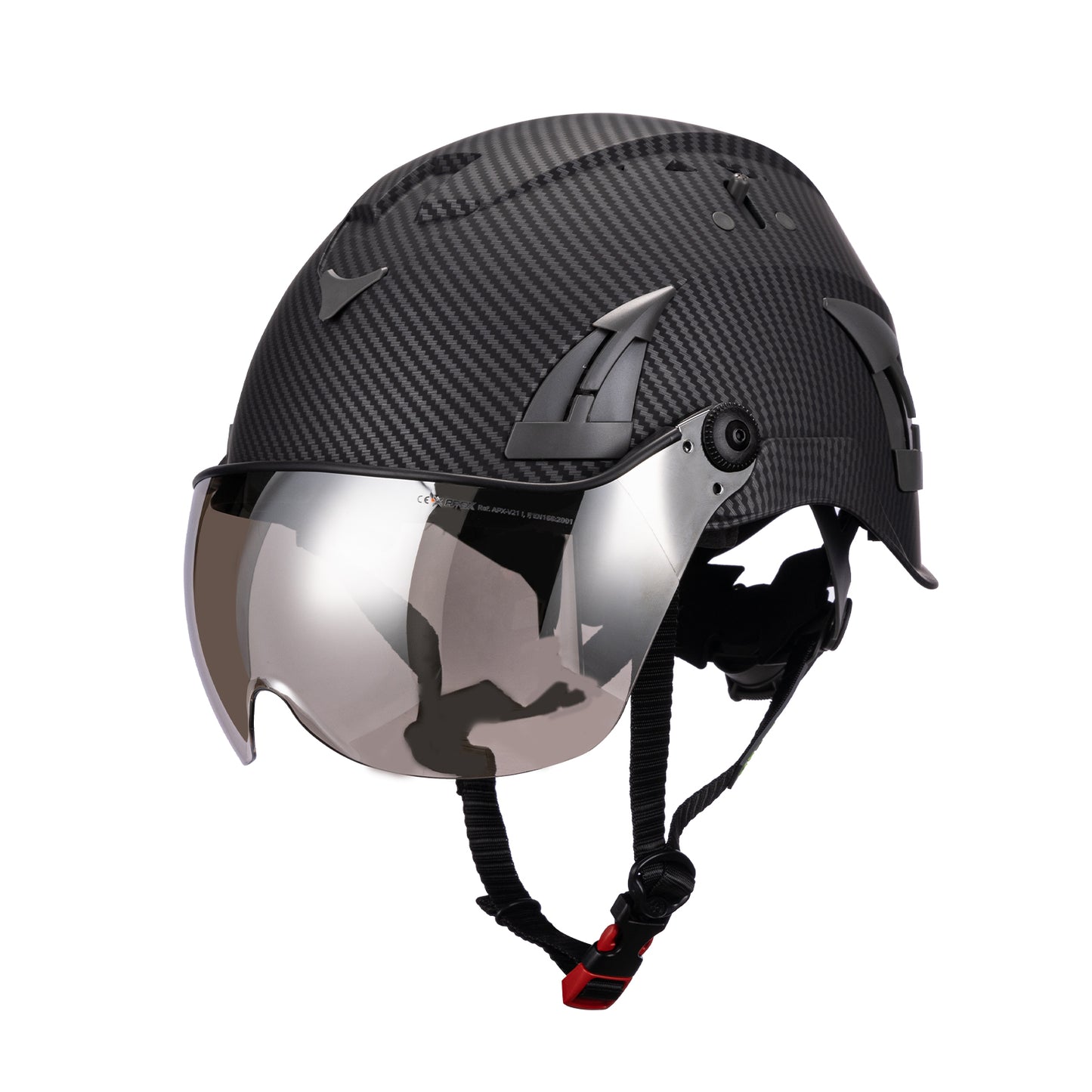 Carbon Fiber AeroPro Safety Helmets on white background with Smoke Visor Kit . ANSI/ISEA Z89.1-2014 Type 1 Class C Safety Helmets with Smoke Visor used for Construction, Rescue & Arborist. 