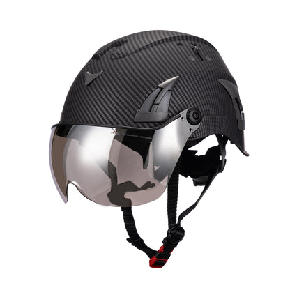 Carbon Fiber AeroPro Safety Helmets on white background with Smoke Visor Kit . ANSI/ISEA Z89.1-2014 Type 1 Class C Safety Helmets with Smoke Visor used for Construction, Rescue & Arborist. 
