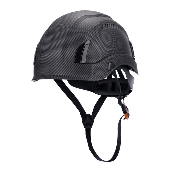 Front View of Type 1 ANSI/SEA Z89.1-2014 certified EcoPro Safety Helmet Carbon Color for Arborist, Industrial & Fall Protection.