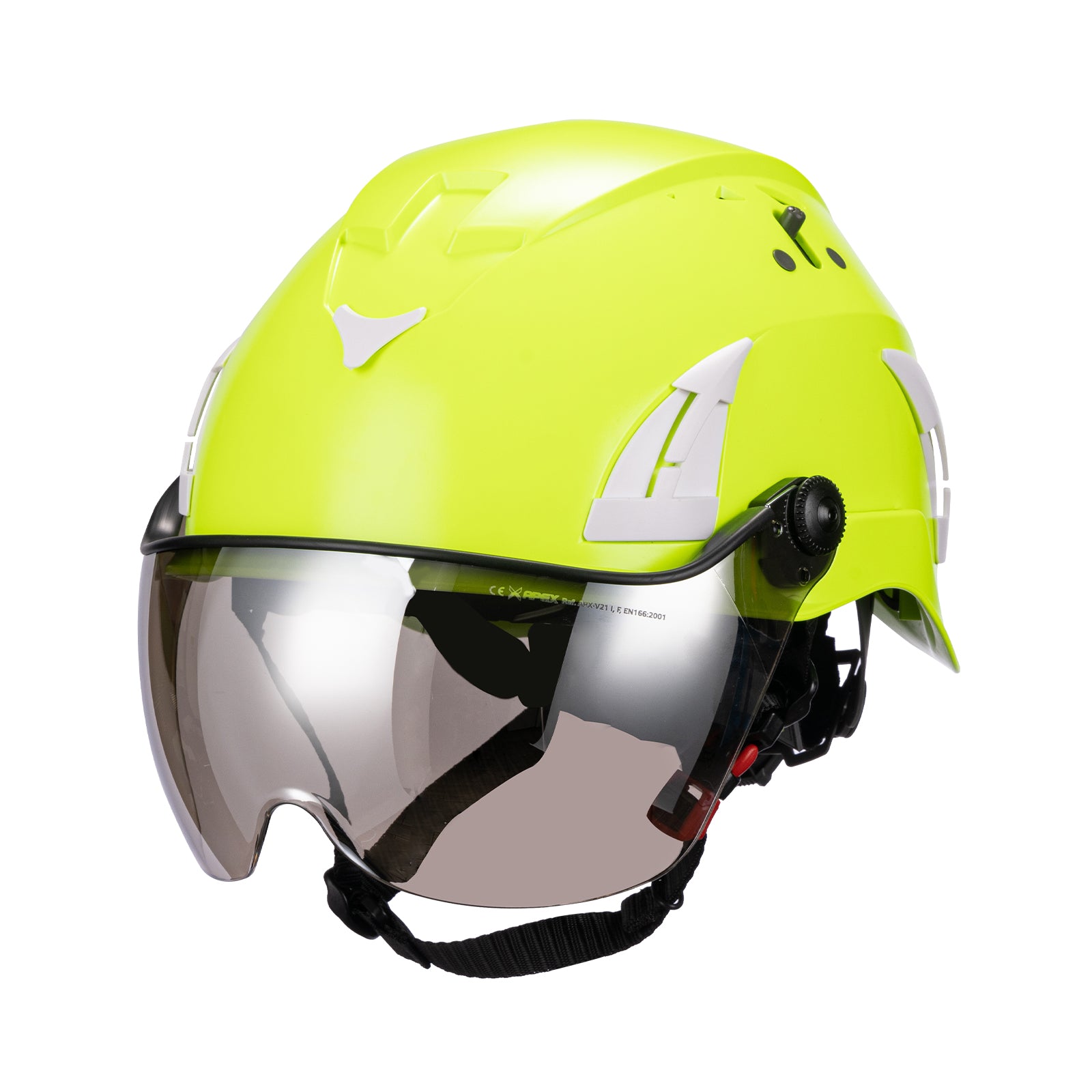 Hi-Viz Green AeroPro Safety Helmets on white background with Smoke Visor Kit . ANSI/ISEA Z89.1-2014 Type 1 Class C Safety Helmets with Smoke Visor used for Construction, Rescue & Arborist. 
