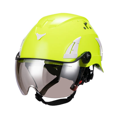 Hi-Viz Green AeroPro Safety Helmets on white background with Smoke Visor Kit . ANSI/ISEA Z89.1-2014 Type 1 Class C Safety Helmets with Smoke Visor used for Construction, Rescue & Arborist. 