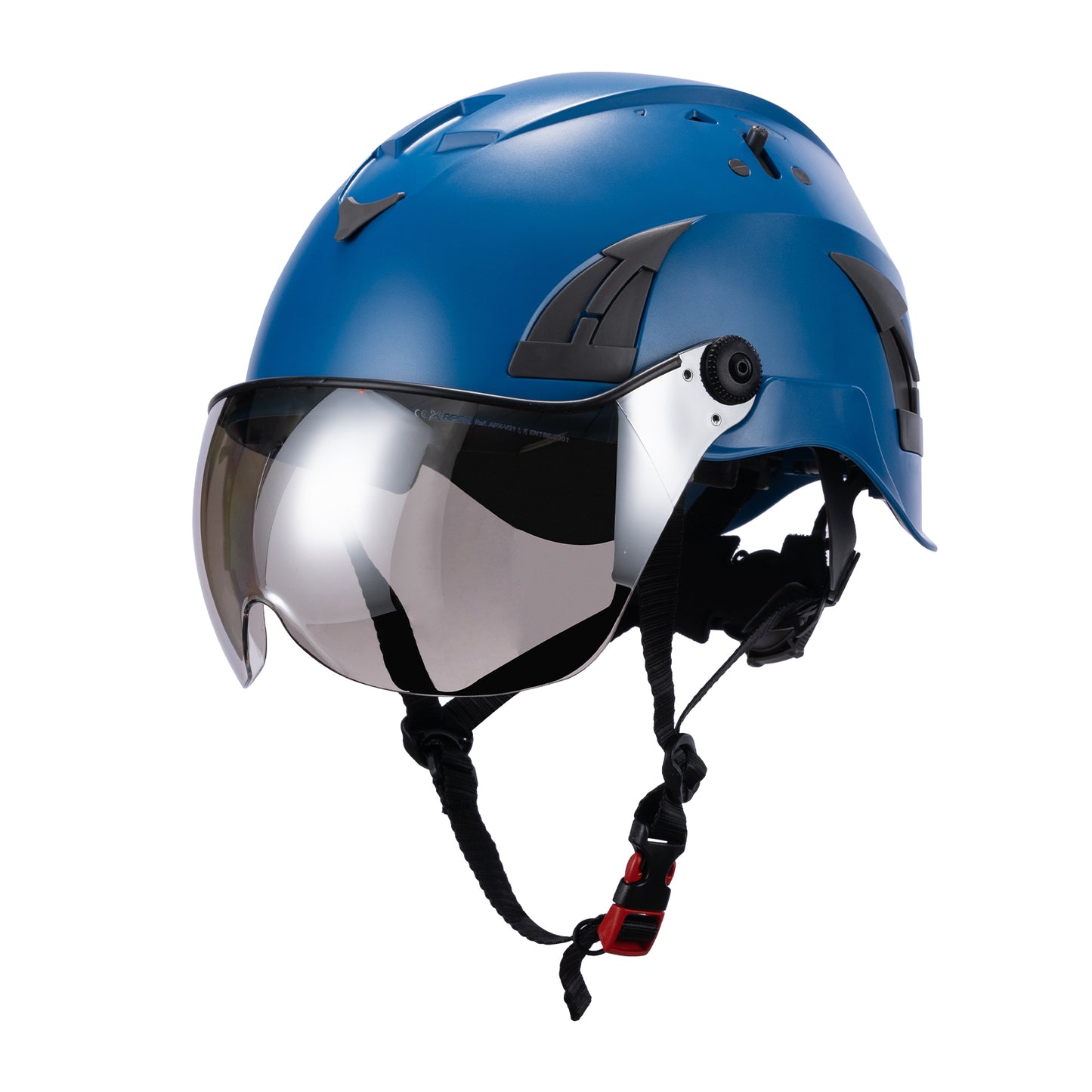 Blue AeroPro Safety Helmets on white background with Smoke Visor Kit . ANSI/ISEA Z89.1-2014 Type 1 Class C Safety Helmets with Smoke Visor used for Construction, Rescue & Arborist. 