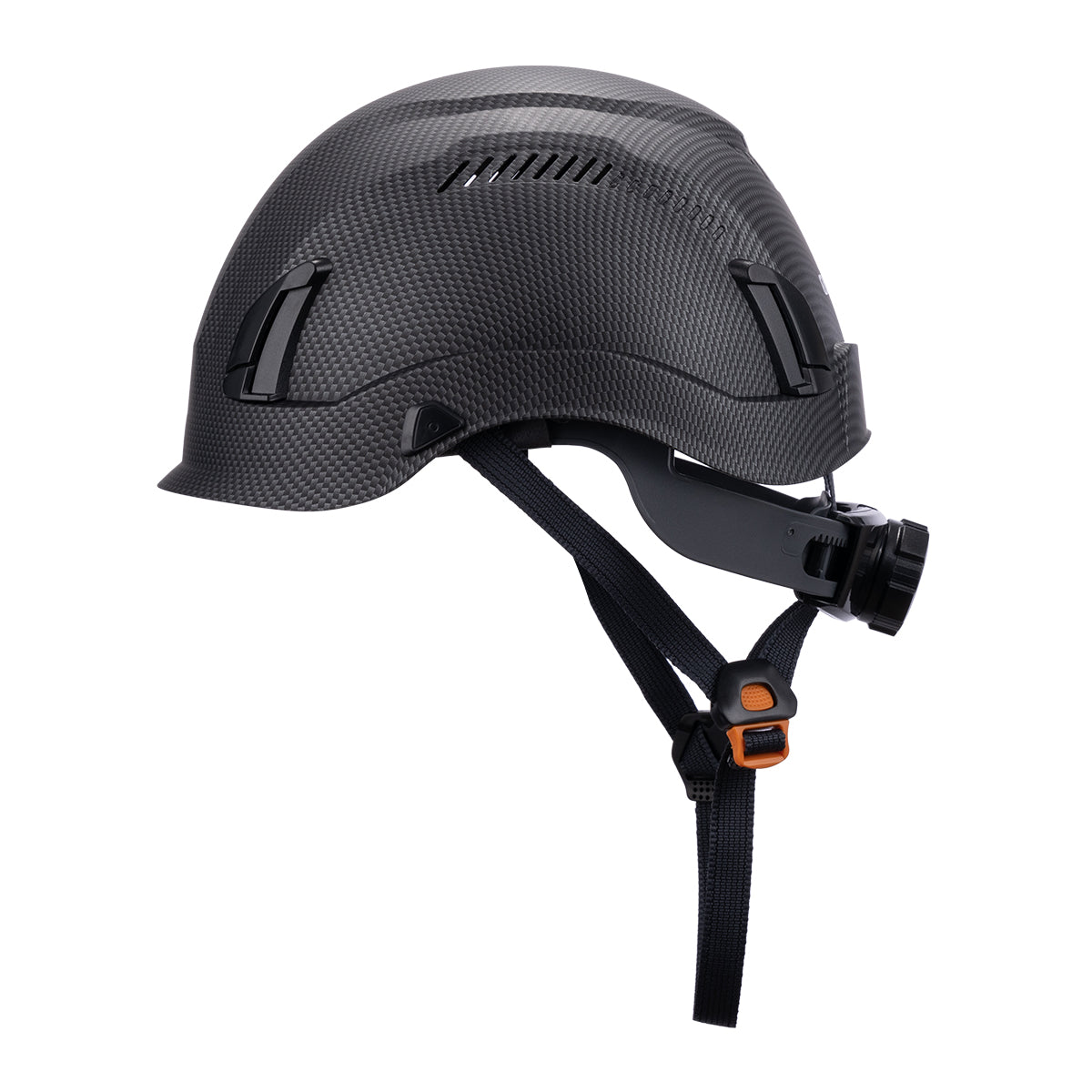 Left Side View of Type 1 ANSI/SEA Z89.1-2014 certified EcoPro Safety Helmet Carbon Color for Arborist, Construction & Industrial Fall Protection. 
