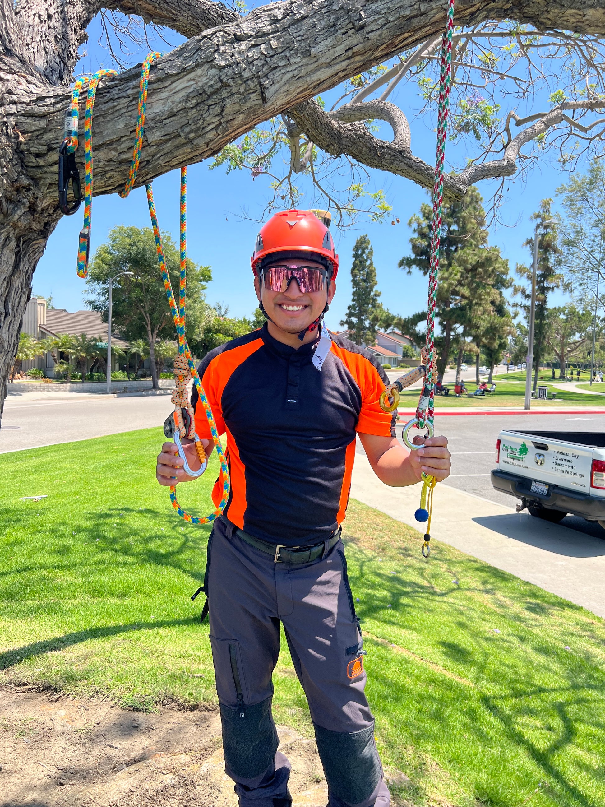 Construction worker with orange  AeroPro Safety Helmet ANSI/ISEA Z89.1-2014 OSHA Certified Type 1 Class C, gearing up to climb tree.